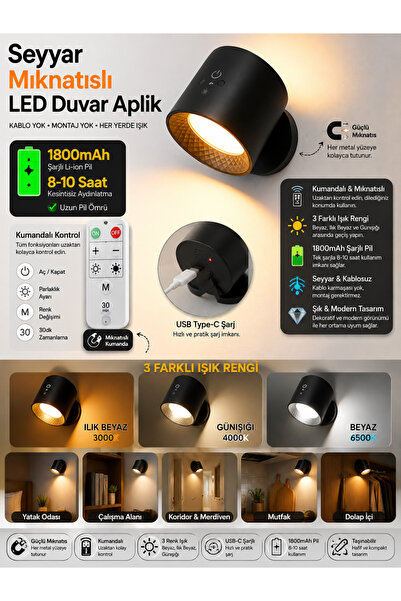 LEDX Mıknatıslı Uzaktan Kumandalı Çift Taraflı Duvar Aplik LED Aydınlatma 3 R...