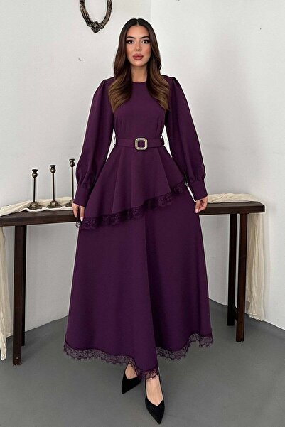 Moda Days Women's Plum Lace Detailed Asymmetrical Belted Balloon Sleeve Maxi ...