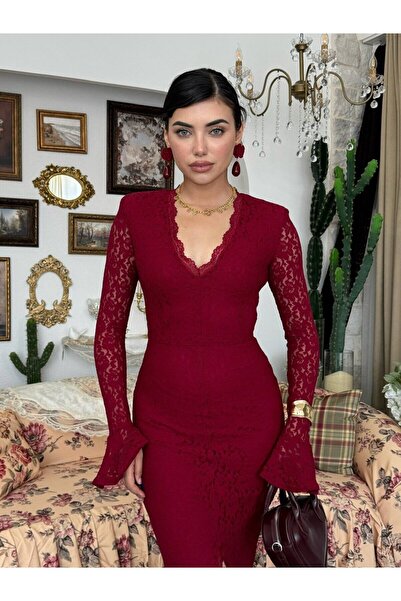 Moda Days Women's Burgundy Lace V-Neck Long Sleeve Spanish Sleeve Slit Midi D...