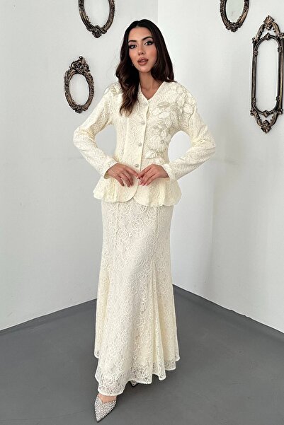 Moda Days Women's Ecru Jacket Skirt Set Lace Embroidered V-Neck Buttoned Long
