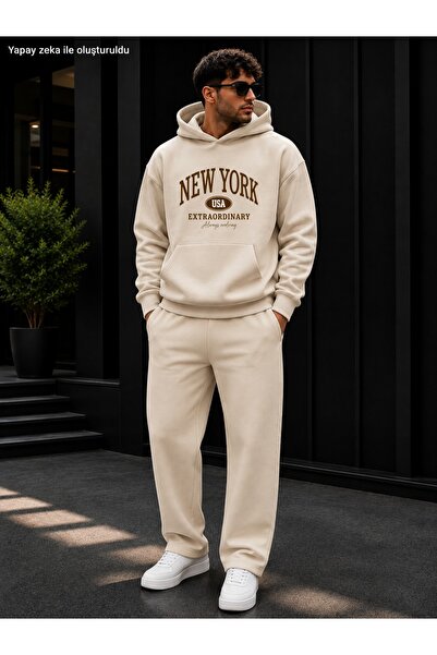 caddekombin Men's New York Usa Printed Tracksuit Set / Round Neck Cotton Swea...