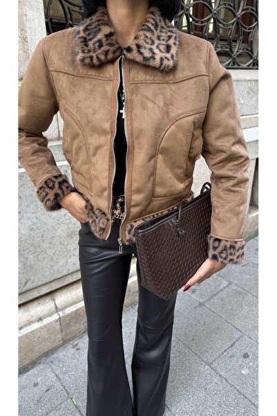 Clothes Fast Women's Camel Double-Sided Leopard Detailed Zippered Short Faux ...