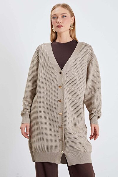 Fulla Moda Buttoned V-Neck Openwork Loose Knitwear Cardigan