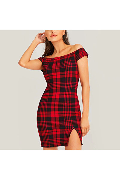 dorbe Women's Red Plaid Off-shoulder Mini Dress