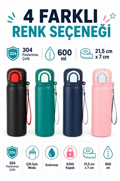 Emofom Siply Water Bottle 600 ml Water Bottle 304 Stainless Steel Children's Water Bottle with Dual Drinking Modes and Locking Lid
