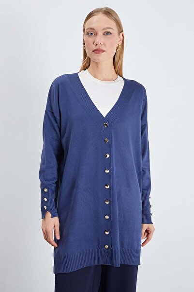 Fulla Moda V-Neck Cardigan with Sleeve Button Detail