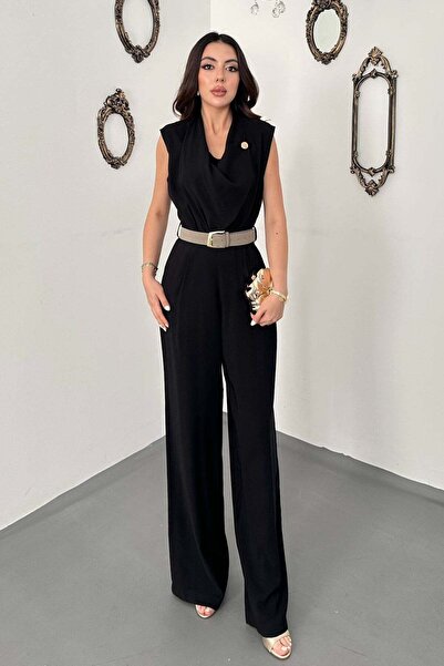 Clothes Fast Women's Black Jumpsuit with Degaje Collar, Sleeveless, Belted, P...