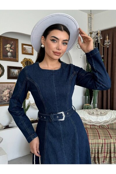 Moda Days Women's Dark Blue Denim Dress Belt Detailed Long Sleeve Crew Neck L...