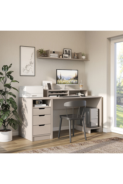ROOMART Mode Raflı Çalışma Masası , 3 Çekmeceli Kesonlu Çalışma Masası , Rafl...