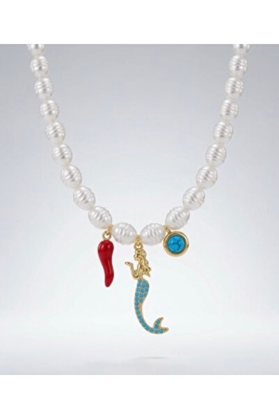mibrillo Pearl and Charm Necklace (Red Pepper Mermaid and Turquoise Stone Cha...