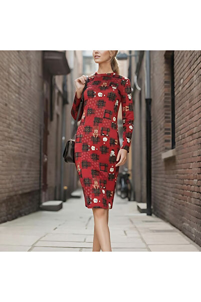 dorbe Women's Red Christmas Long sleeve Midi Dress