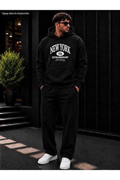 caddekombin Men's New York Usa Printed Tracksuit Set / Round Neck Cotton Swea...