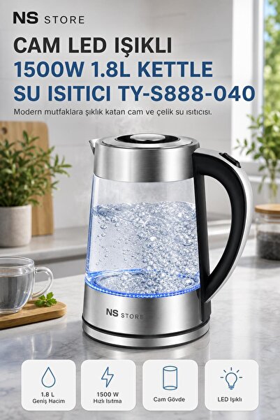 NS Store Led Işıklı Cam Su Isıtıcı 1.8 L Geniş Hacimli Otomatik Kapanmalı Kettle