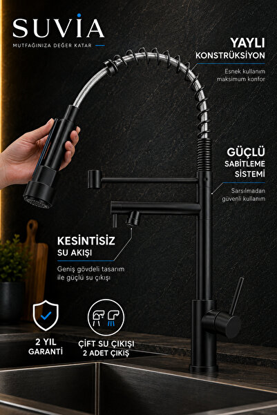 SUVİA Endüstriyel Mutfak Bataryası Profesyonel Yaylı Spiralli Çift Su Çıkışlı...