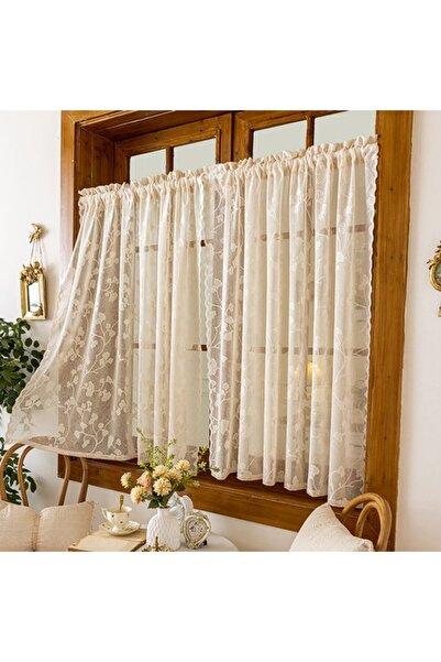 Morvena Picks 2 piese 140x100 cm Dantela Jacquard Bej Perdele Scurte Vintage