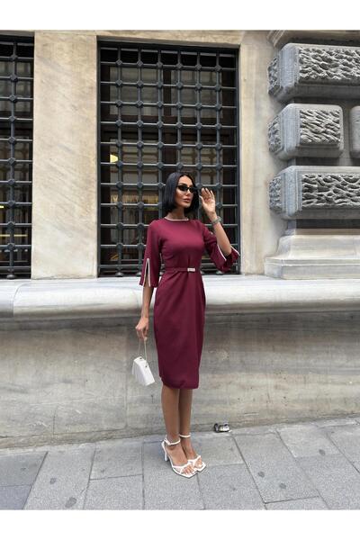 Clothes Fast Women's Burgundy - Bordo Midi Length Pearl Detailed Round Neck B...