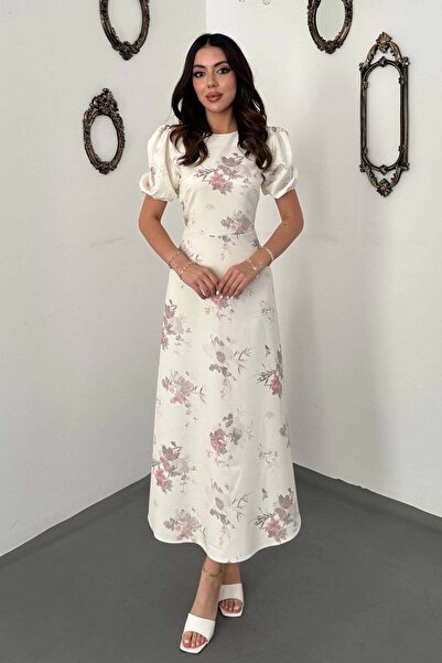 Clothes Fast Women's Ecru Floral Patterned Atlas Midi Dress with Crew Neck an...