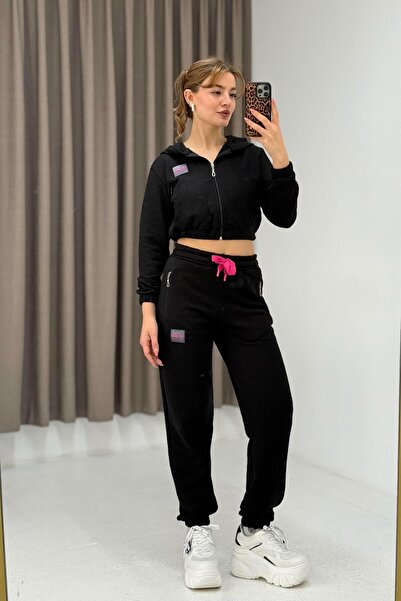 Raneel Kazançlı Alışveriş Hooded Zippered Elastic Cuffed Tracksuit Set Black