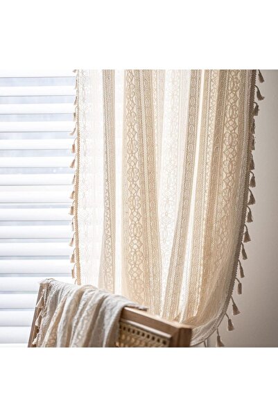 Morvena Picks Perdeau tricotat transparent crosetat alb rustic cu tija - lung...