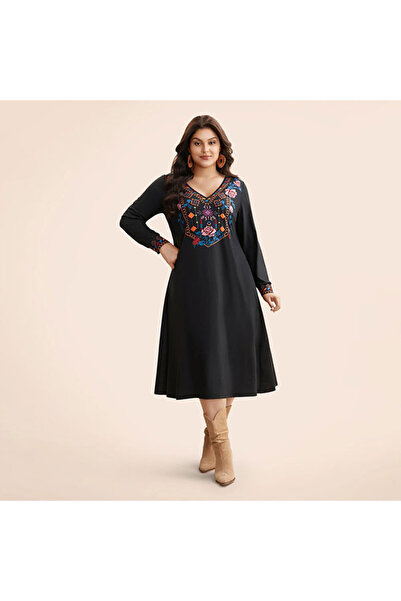dorbe Women's Black Embroidered V-neck Midi Dress