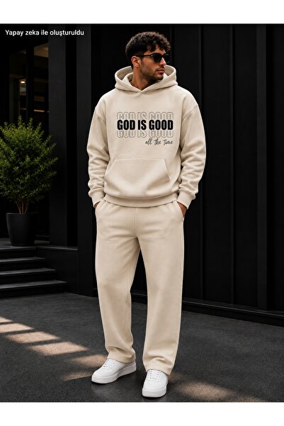 caddekombin Men's God Is Good Written Sweatpants Set / Round Neck Cotton Swea...