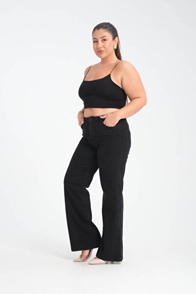 Moda Days Pantaloni de damă negri, mărime mare, cu talie înaltă, din denim, c...