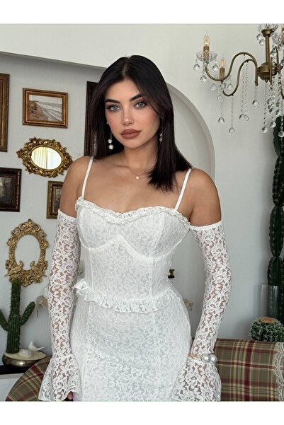 Clothes Fast Women's White Lace Strap Heart Neckline Waist Ruffle Fitted Midi...