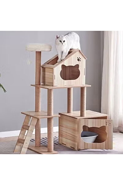 KEKE Modern Wooden Cat Tree Tower with Dual Condos, Scratching Posts & Plush ...