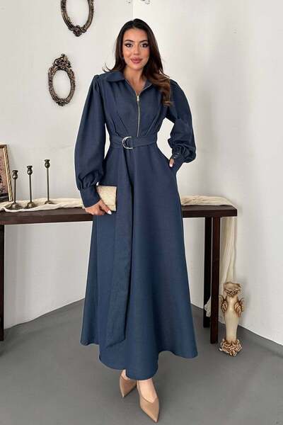 Moda Days Women's Navy Blue Long Sleeve Shirt Collar Zipper Belted Pocketed P...