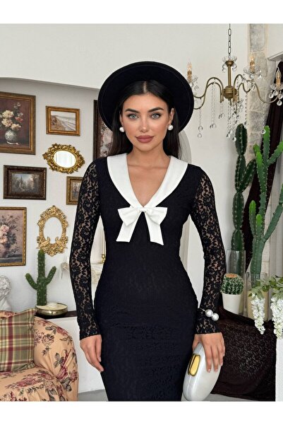 Clothes Fast Γυναικείο μαύρο δαντελένιο μακρύ φόρεμα με λαιμόκοψη V και λεπτο...