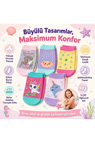 Genel Markalar Wak 5’li Kız Çocuk Çorap Seti Deniz Kızı Unicorn Desenli Pamuklu Rahat Burunlu Renkli