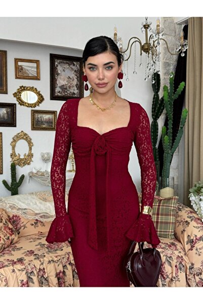 Clothes Fast Women's Burgundy Lace Midi Dress with Heart Collar and Rose Deta...