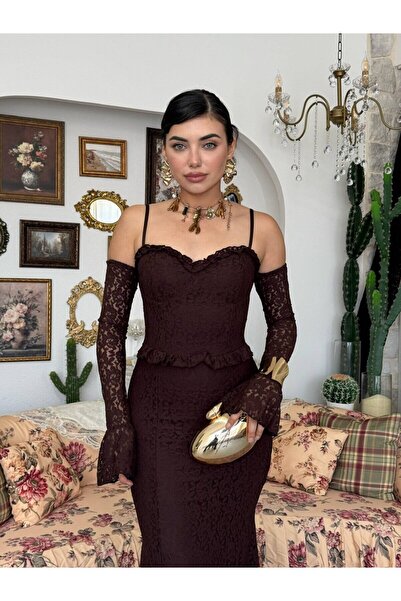 Clothes Fast Women's Coffee Color Lace Strap Heart Neckline Waist Ruffle Body...