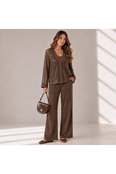 Mİ TİA ATELİER Women's Sequin Detailed Mesh Cardigan Top and Bottom Stylish T...