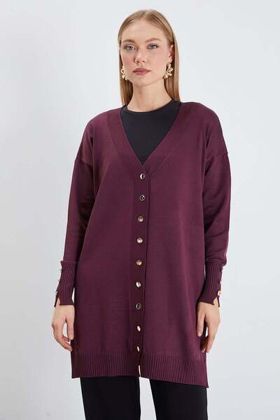 Fulla Moda V-Neck Cardigan with Sleeve Button Detail