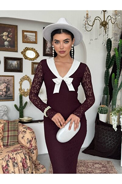 Clothes Fast Γυναικείο μακρύ φόρεμα από δαντέλα με λαιμόκοψη V και λεπτομέρει...