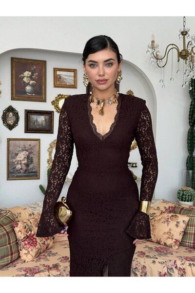 Moda Days Women's Coffee Color Lace V-Neck Long Sleeve Spanish Sleeve Slit Mi...