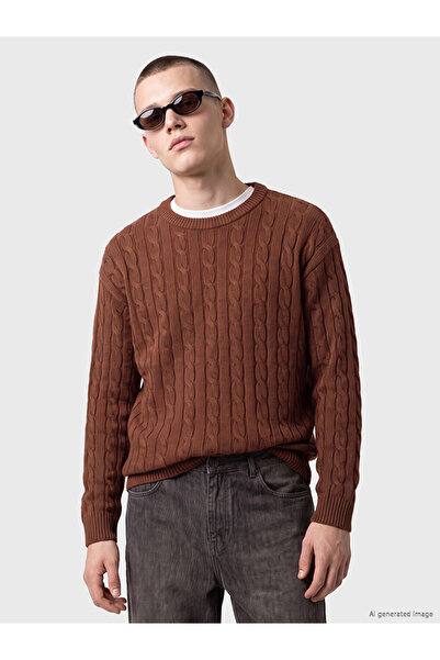 LC Waikiki Vizyon New Season Brown Crew Neck Hair Knit Patterned Men's Knitwe...