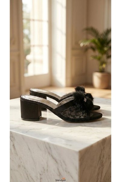 DARUGA Black Fur Stone Buckle Thick Block Heeled Evening and Special Occasion...
