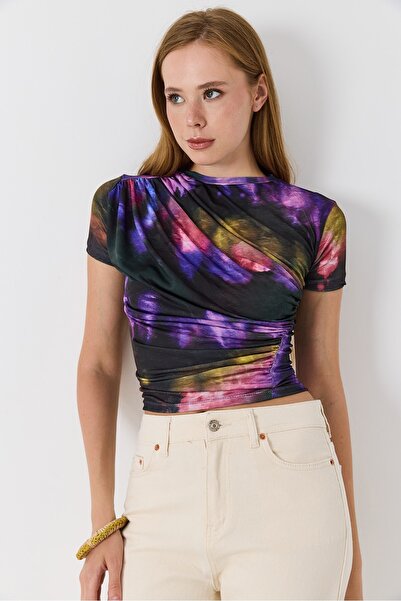 Raneel Kazançlı Alışveriş Women's Draped Digital Print Colorful Tshirt Purple
