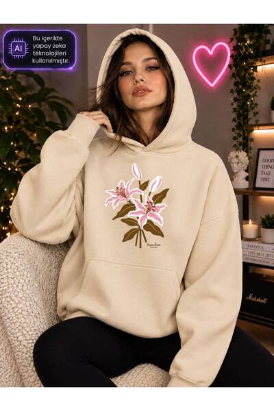 caddekombin Women's Pink Lily Flower Printed Hooded Kangaroo Pocket Cotton Ca...