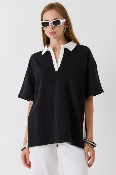 Raneel Kazançlı Alışveriş Women's Two Thread Polo Collar Garnished Tshirt Black
