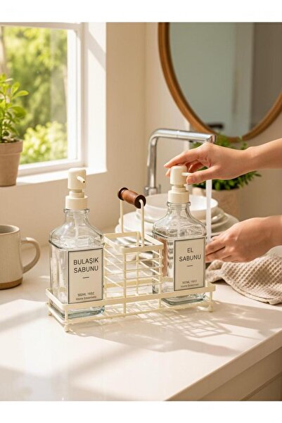 ALBETTO 2-Chamber Glass Kitchen Set 500Ml+500Ml Liquid Soap Dispenser Set Cream