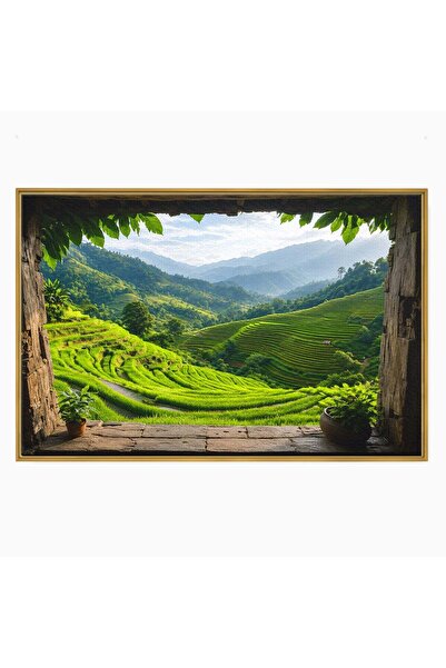 Luxcanva Tablou Canvas Terase Verzi Montane 100x70 cm cu Rama Auriu Peisaj Na...