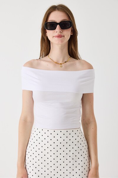 Raneel Kazançlı Alışveriş Women's Madonna Collar Combed Cotton Crop Blouse White