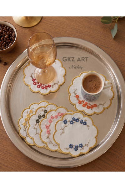 gkzglass home dekor 6 Adet Keten Kumaş Üzeri Nakışlı Kahve Yanı Kokteyl Peçet...