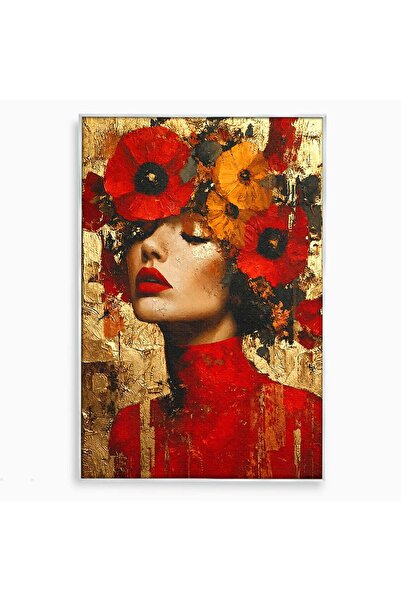 Luxcanva Tablou Canvas Misterul Macilor Aurii 70x100 cm cu Rama Argintiu Port...