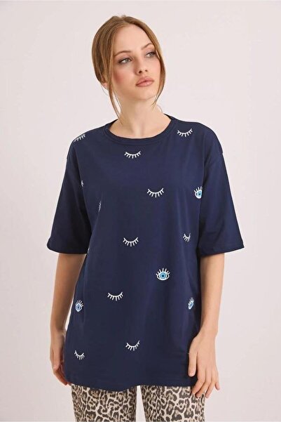 Raneel Kazançlı Alışveriş Women's Crew Neck Eye Print Oversize Tshirt Navy Blue