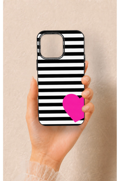 Vip Case iPhone 15 Pro Max Compatible Striped Heart Pattern Silicone Case