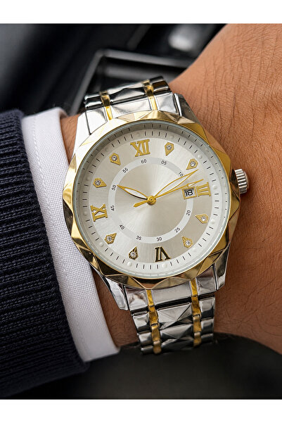 Weluxa Men's Wristwatch with Calendar Silver-Gold Color Black Dial Luxury Des...